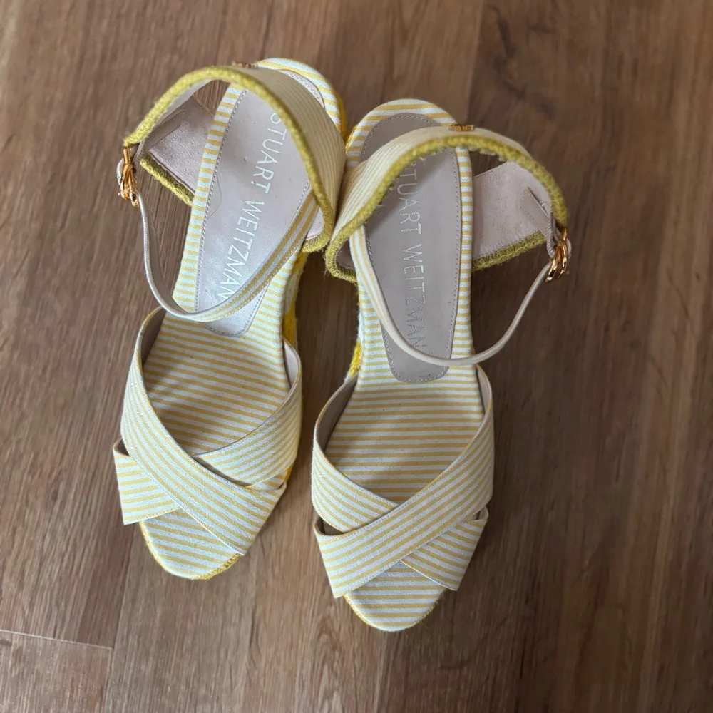 Stuart Weitzman Yellow and White Striped Espadrille Wedge Sandals Mirela - Picture 5 of 12